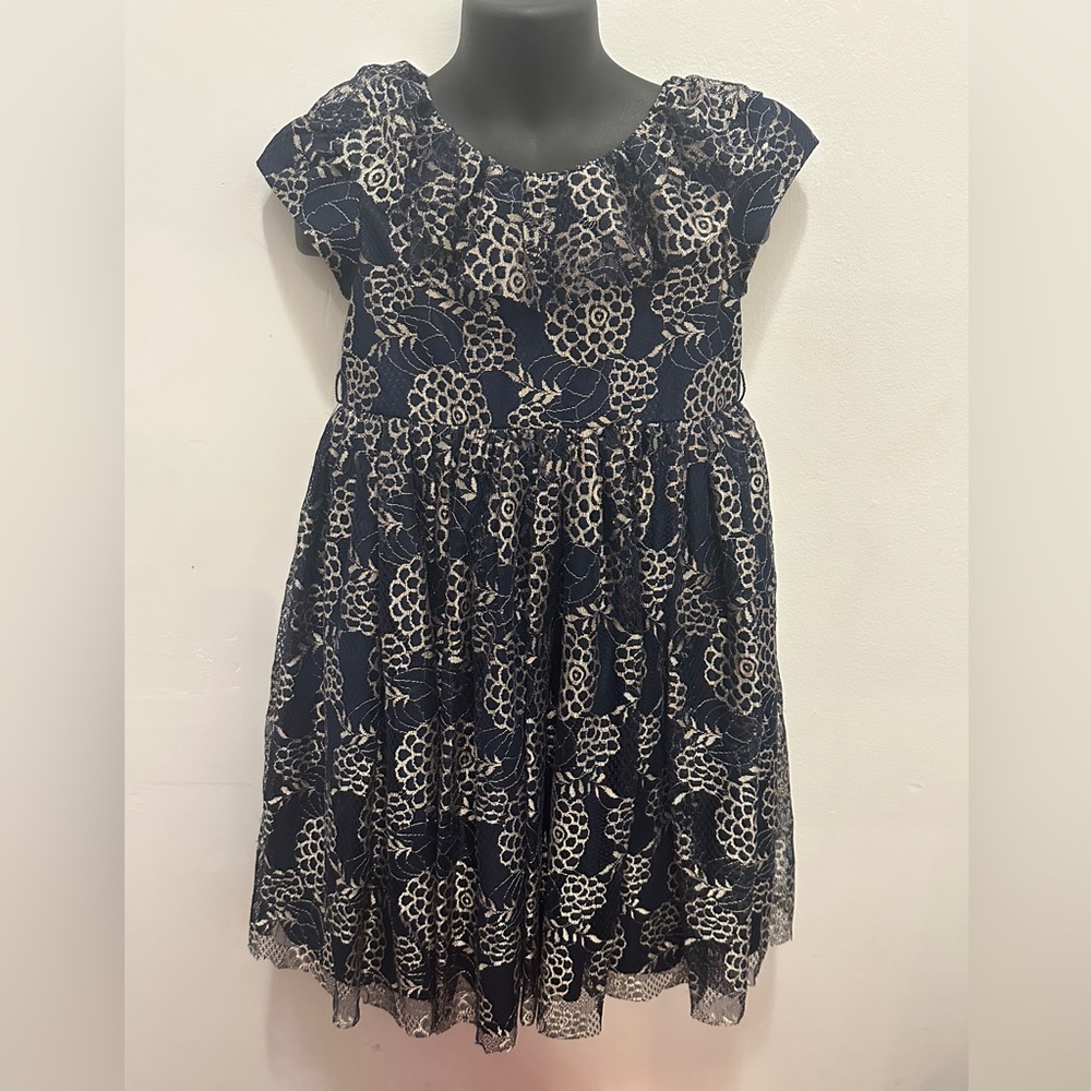 GIRLS LAURA ASHLEY LONDON NAVY/METALLIC GOLD LACE FORMAL DRESS - Size 5 - EUC
